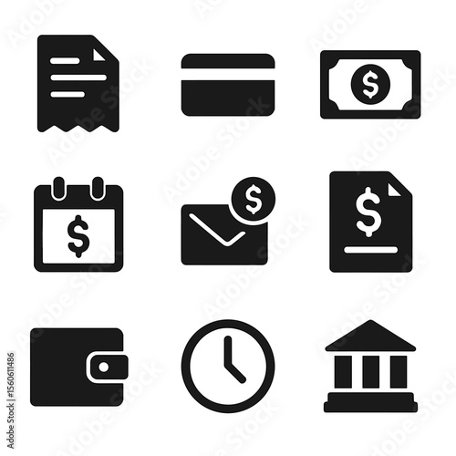 Payment Icons Grid. Solid, filled icon set of payment due dates: invoice, credit card, cash, calendar with dollar sign, reminder