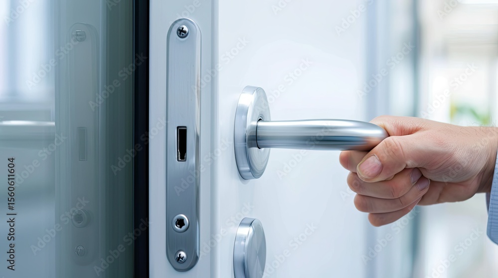 Naklejka premium Close Up of Hand Turning Metallic Door Handle with Lock Mechanism