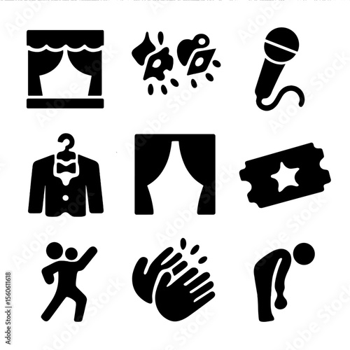 Performance Icon Set. Solid, filled icon set of performance and showtime: stage icon, spotlight pair, microphone, costume hanger,