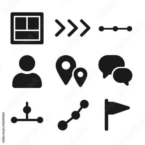 Persona Scenario Icons. Solid, filled icon set of persona scenario mapping: storyboard, flow arrows, timeline, character icons,