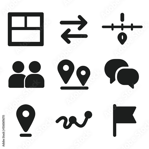 Persona Scenario Icons. Solid, filled icon set of persona scenario mapping: storyboard, flow arrows, timeline, character icons,