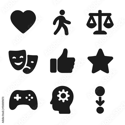 Persona Psychographic Icons. Solid, filled icon set of persona psychographics: interest heart, lifestyle icon, value scale,