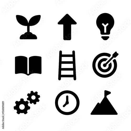 Personal Growth Icons. Solid, filled icon set of personal growth and progress: seedling, upward arrow, ladder, light bulb, open