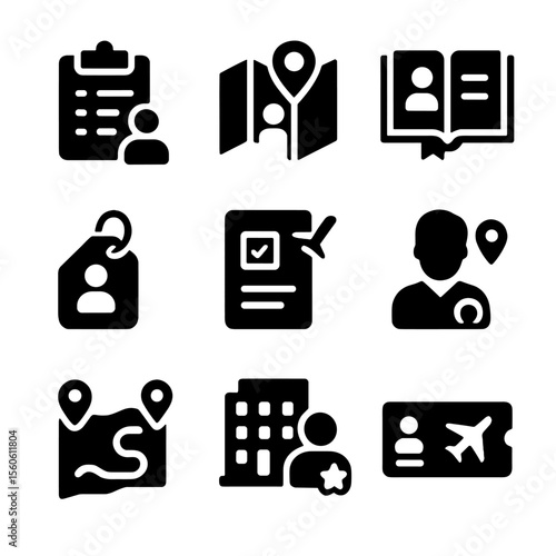 Personalized Travel Icons. Solid, filled icon set of personalized travel: itinerary planner, custom map, travel diary, luggage tag