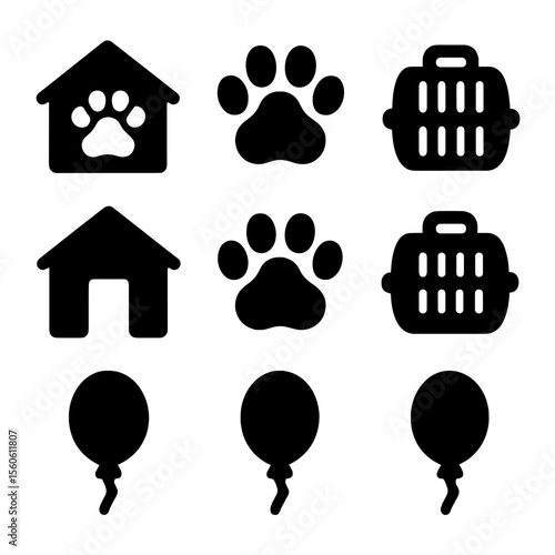 Pet Adoption Icons. Solid, filled icon set of pet adoption process: shelter building, paw print, transport carrier, celebration