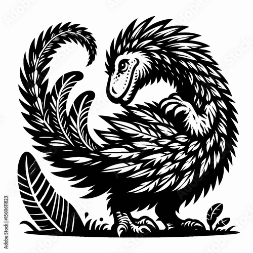 Feathered Dinosaur Preening Its Plumage in the Prehistoric Wild