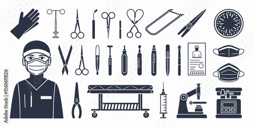Minimal Surgical Tools Icon Set. Scalpel, forceps, surgical gloves, mask, gown, scissors, surgical lamp, operating table, and anesthesia machine. Clean Line Vector Design