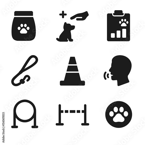Pet Training Icons. Solid, filled icon set of pet training tools: treat pouch, behavior icon, obedience chart, leash icon,