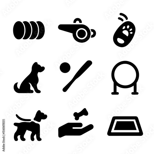 Pet Training Icons. Solid, filled icon set of pet training and games: agility tunnel, training whistle, treat clicker, obedience