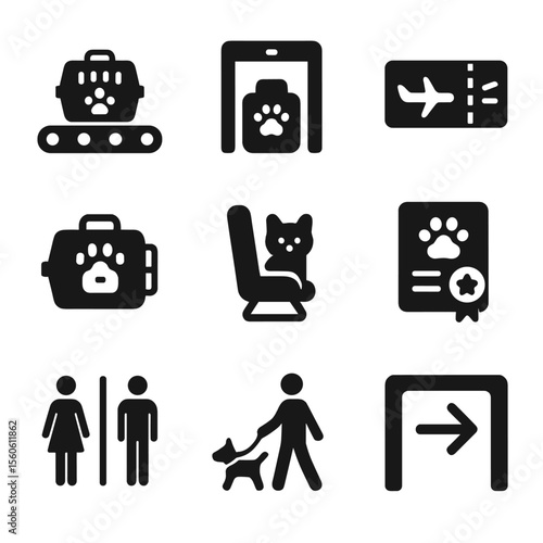 Pet Travel Icons. Solid, filled icon set of pet airport travel: baggage claim with carrier, pet security check, boarding pass,