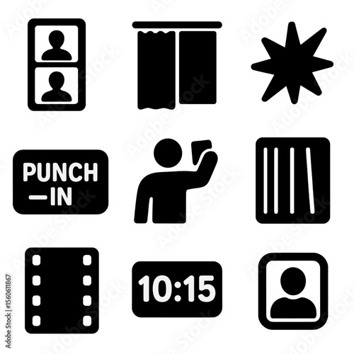 Photobooth Icon Collection. Solid, Filled icon set of photobooth strip portraits: four-panel strip, curtain backdrop, flash icon,