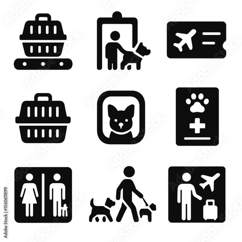 Pet Travel Icons. Solid, filled icon set of pet airport travel: baggage claim with carrier, pet security check, boarding pass,