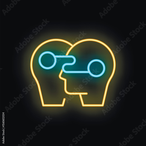Neon icon representing telepathy with two heads sharing thoughts