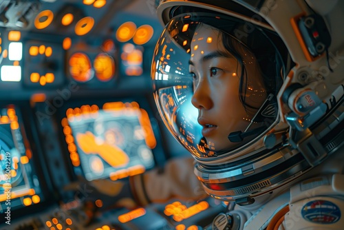 Fototapeta Naklejka Na Ścianę i Meble -  An astronaut focused on navigating through a spacecraft's control room, surrounded by glowing instruments.
