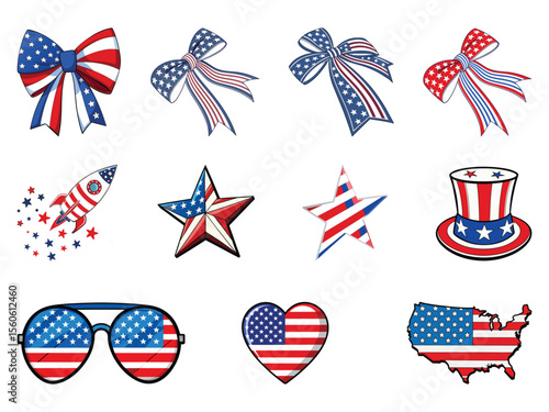 A collection of patriotic symbols isolated on white background, including bows, stars, a rocket, sunglasses, and a top hat