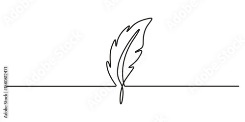 Bird feather continuous one line drawing. Single line drawing of bird feather isolated outline flat vector illustration