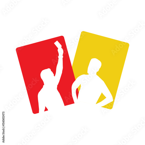 Vector illustration featuring stylized silhouettes on red and yellow card backgrounds, symbolizing decisions in sports events. Highlighting authority, penalty, and sportsmanship.