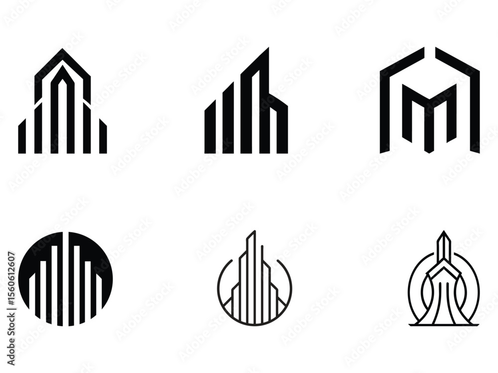 Obraz premium Six minimalist building logo designs, featuring geometric lines and shapes