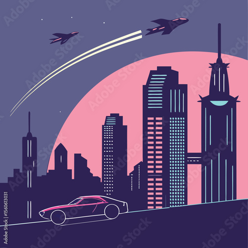 Cityscape with planes flying over skyscrapers and a car driving on a road at night, retro style