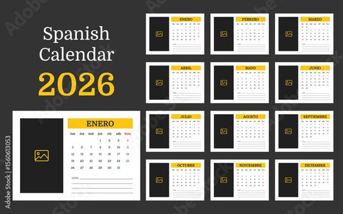 Printable Spanish Table Calendar 2026 Monthly Planner with Photo Placeholder