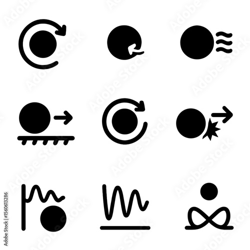Physics Icons Grid. Solid, filled icon set of advanced bounce physics: spin effect, Magnus force icon, air resistance, friction