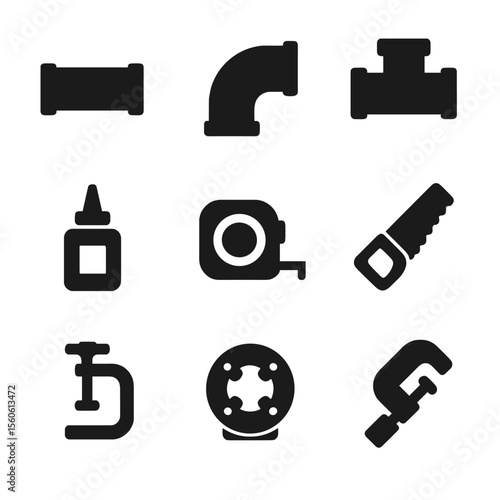 Pipe Installation Icons. Solid, filled icon set of pipe installation equipment: PVC pipe, elbow fitting, T-joint, pipe glue,