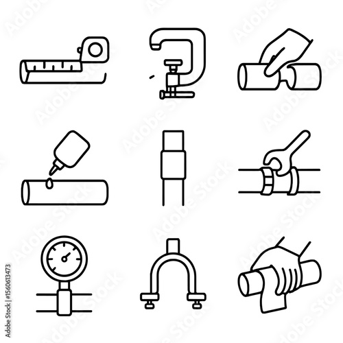 Pipe Installation Icons. Outline icon set of installation steps: measuring pipe, cutting pipe, deburring edge, applying solvent
