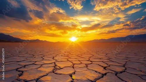 Sun setting over a cracked desert landscape at dusk