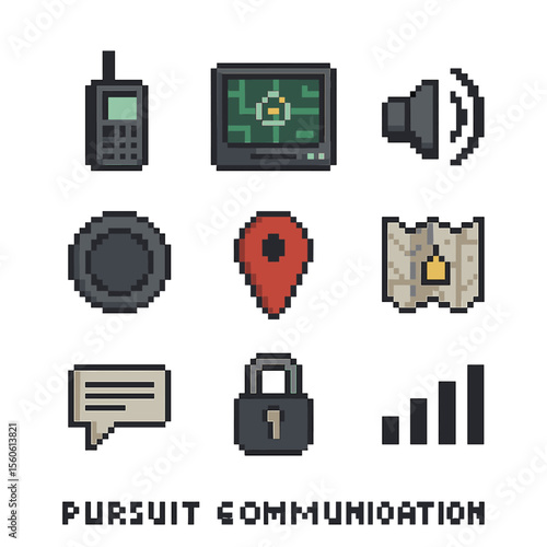 Pixel Communication Icons. Pixel art icon set of pursuit communication: handheld radio, command center screen, speaker icon,