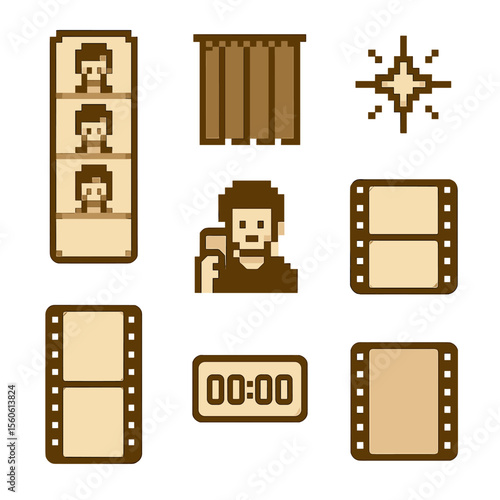 Pixel Art Photo Icons. Pixel art icon set of photobooth strip portraits: four-panel strip, curtain backdrop, flash icon, selfie