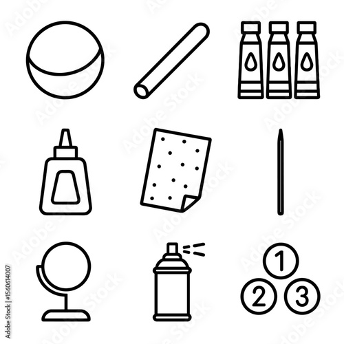 3D Planet Model Kit. Outline icon set of 3D planet model kits: styrofoam ball, wooden dowel, acrylic paint, glue, sandpaper,