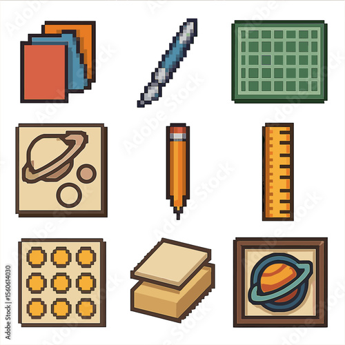 Planetary Craft Icons. Pixel art icon set of planetary paper cut crafts: colored paper sheet, x-acto knife, cutting mat, planet