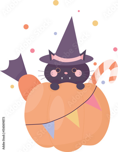 Halloween cute set of elements. Pumpkins, scary black cats. Vector illustration in flat style