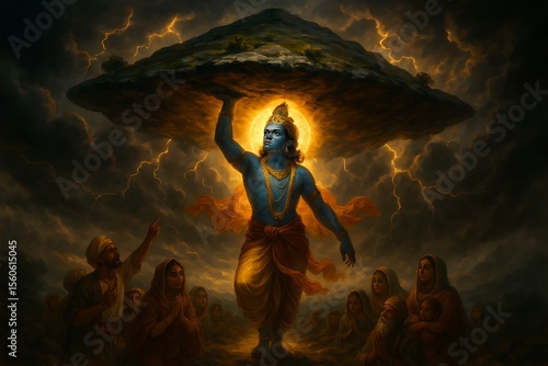 Lord Krishna Lifting Govardhan Hill to Shield Devotees from a Storm