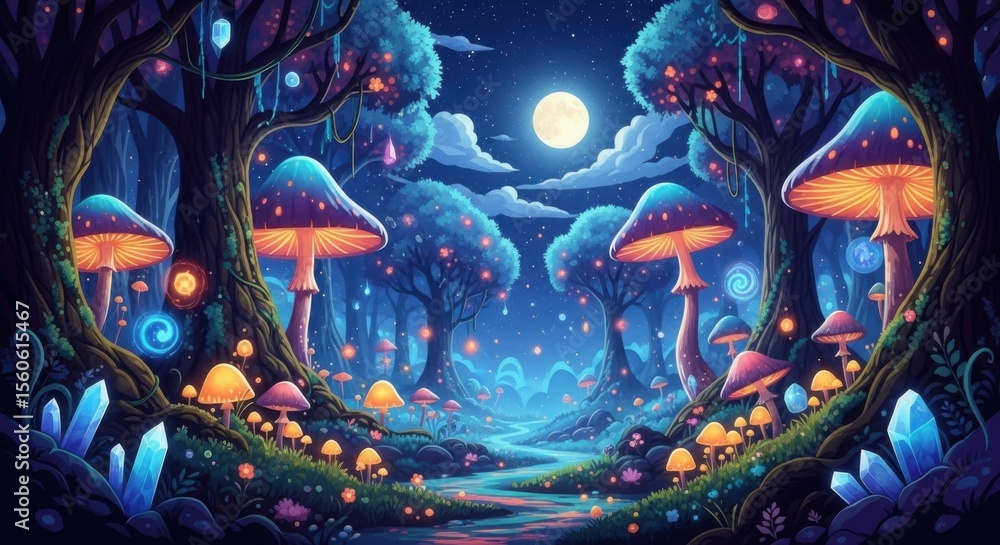 Enchanting bioluminescent mushroom forest under a magical moonlit night sky Enchanting bioluminescent mushroom forest under a magical moonlit night sky