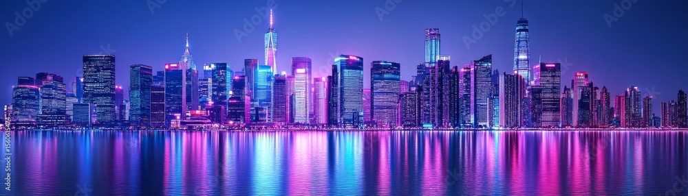 Fototapeta premium Neon Cityscape Reflection, Urban Night, Skyline ,City Lights