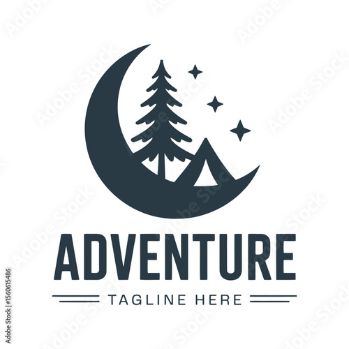 Adventure logo featuring moon tent pine tree and stars suitable for outdoor recreation branding