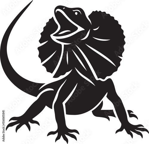 Frilled lizard dramatic black silhouette, Reptile drawing for educational use