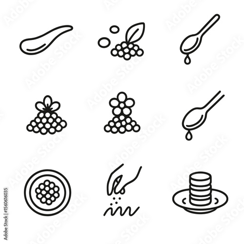 Plating Technique Icons. Outline icon set of roe plating techniques: swoosh sauce, dot smear, garnish leaf, edible flower, spoon
