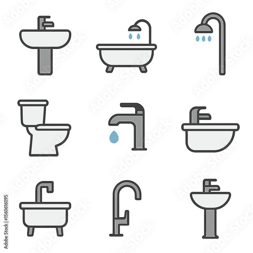 Plumbing Fixtures Icons. Flat icon set of plumbing fixtures: sink basin, bathtub, showerhead, toilet, faucet, bidet, utility sink,
