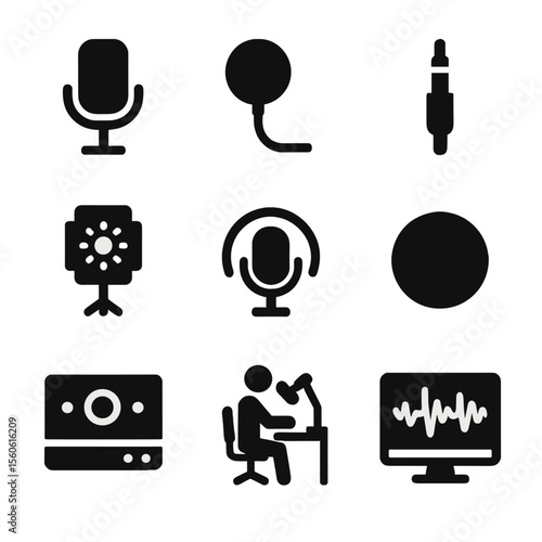 Podcast Iconography. Solid, filled icon set of podcast recording: condenser mic, pop filter, headphone jack, audio interface,