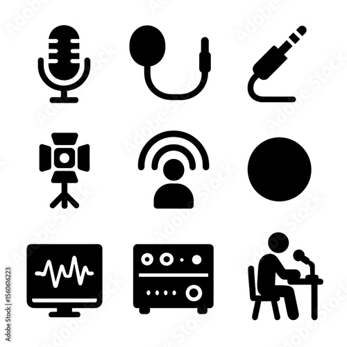 Podcast Iconography. Solid, filled icon set of podcast recording: condenser mic, pop filter, headphone jack, audio interface,