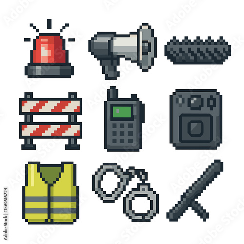 Police Equipment Icons. Pixel art icon set of law enforcement equipment: siren light, megaphone, spike strip, roadblock barrier,