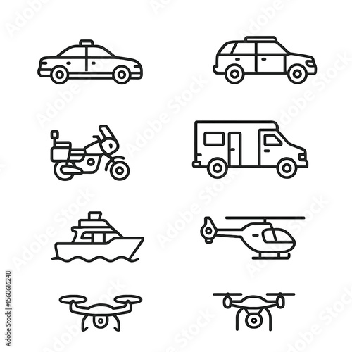 Police Pursuit Icon Set. Outline icon set of pursuit vehicles: police sedan, unmarked car, patrol SUV, highway patrol motorcycle,