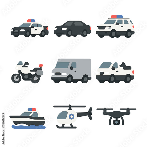 Police Pursuit Icons. Flat icon set of pursuit vehicles: police sedan, unmarked car, patrol SUV, highway patrol motorcycle,