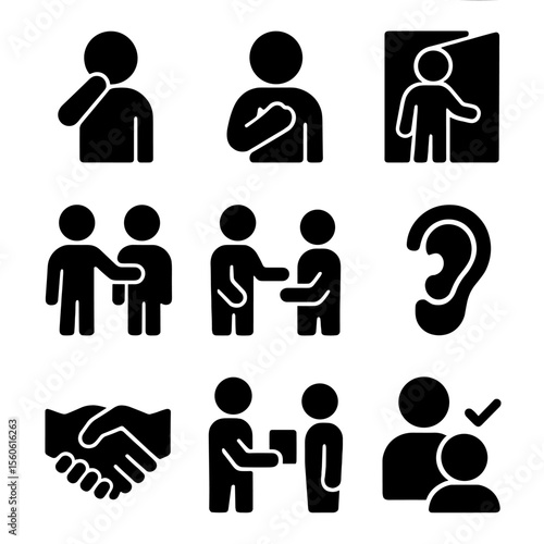 Polite Icon Set. Solid, filled icon set of polite behaviors: saying thank you, hand over heart, open door, stepping aside,