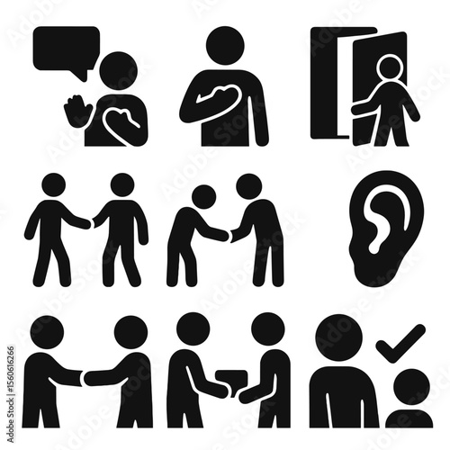 Polite Icon Set. Solid, filled icon set of polite behaviors: saying thank you, hand over heart, open door, stepping aside,