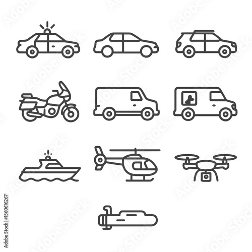 Police Pursuit Icon Set. Outline icon set of pursuit vehicles: police sedan, unmarked car, patrol SUV, highway patrol motorcycle,