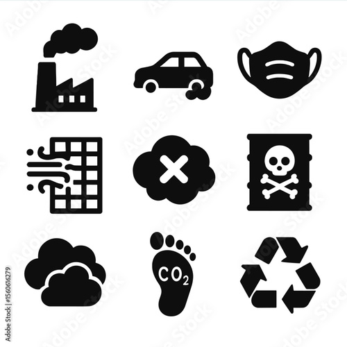 Pollution Icon Set. Solid, filled icon set of pollution and air quality: factory smokestack, vehicle exhaust, mask, air filter,