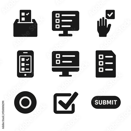 Polling Methods Icons. Solid, filled icon set of polling methods: ballot box, online survey, voting hand, mobile phone, desktop